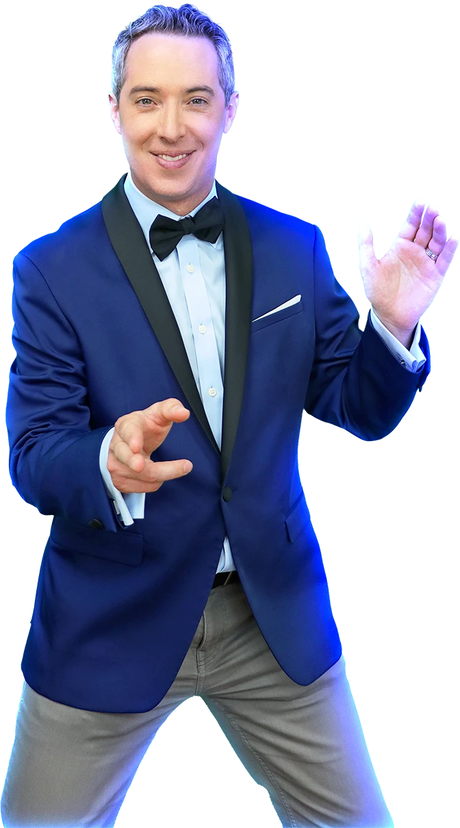 A Live Play Bingo host presenting to camera