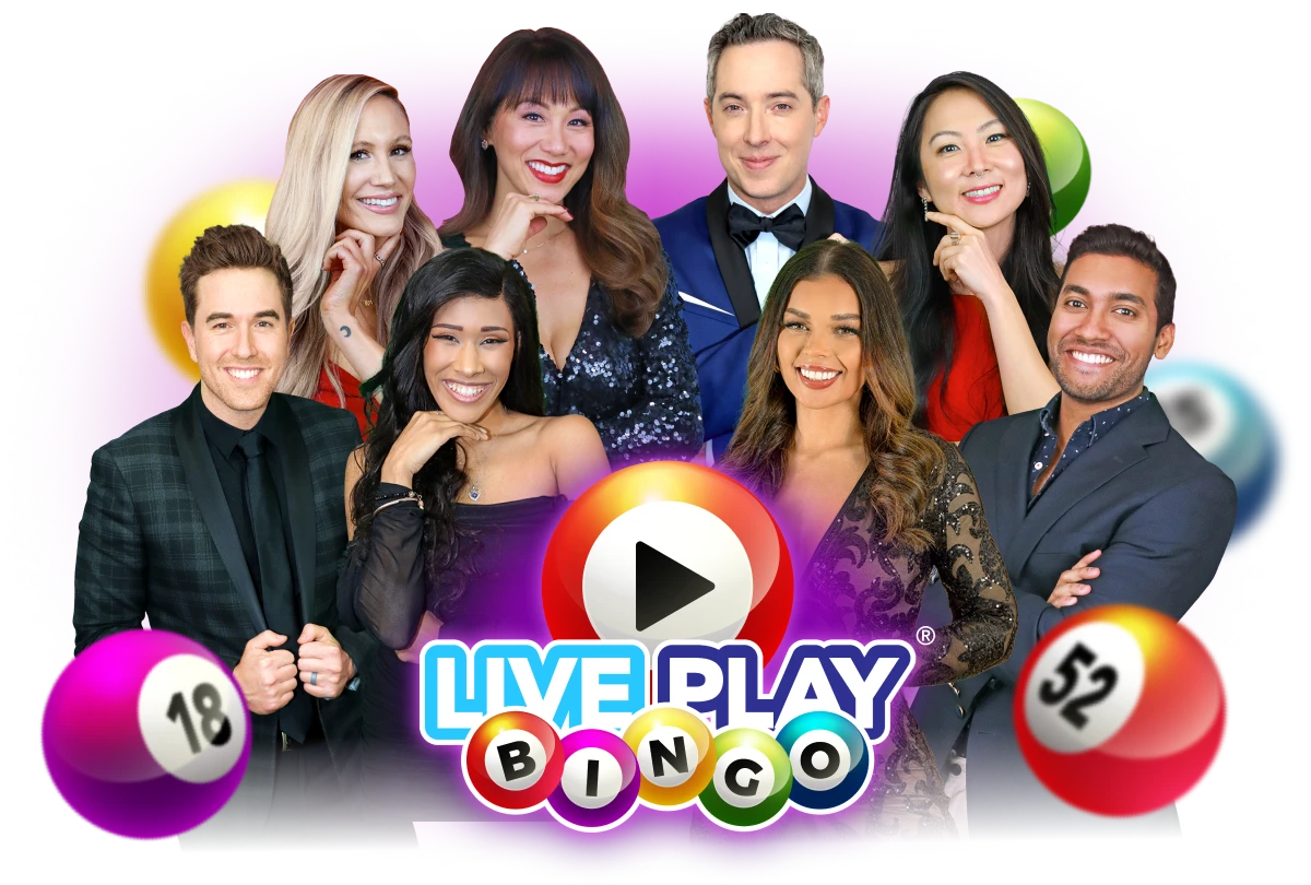 The Live Play Bingo hosts, with the Live Play Bingo logo and a play button