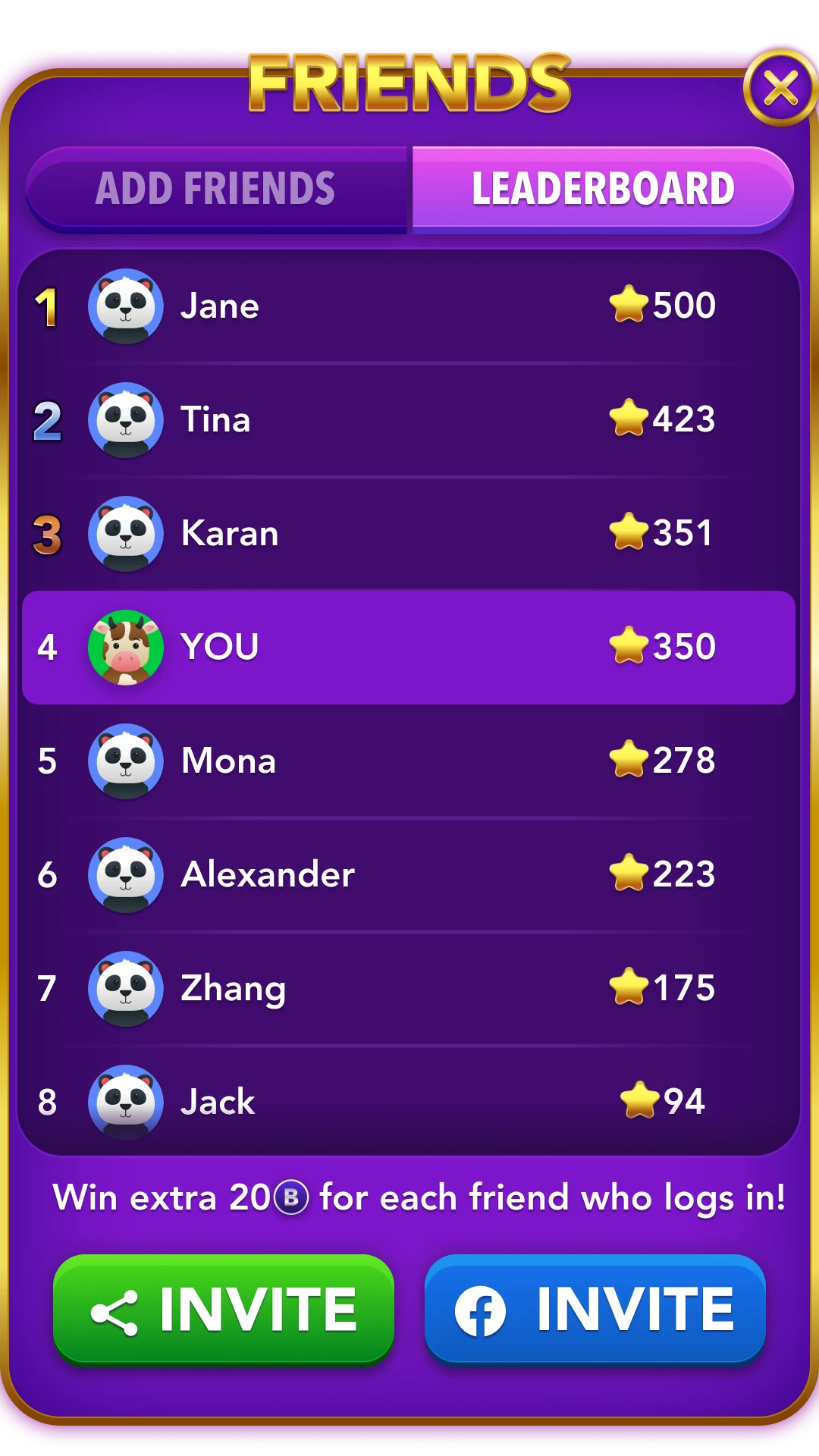 The friends leaderboard showing player rankings